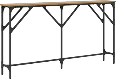 A long, narrow console table with a wooden top and a black metal frame, shown against a white background.