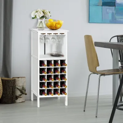 Zdjęcie produktu dla Drewniany stojak na wino na 20 butelek ze szklanym wieszakiem 42 x 24,5 x 96 cm biały