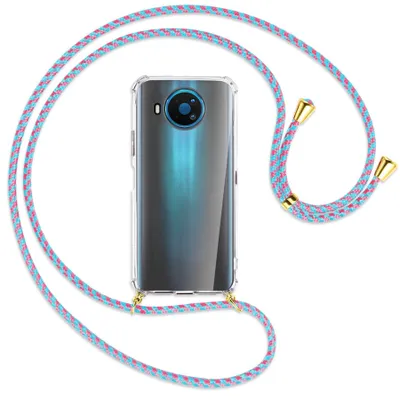 Produktbild von Handykette Backcover-Schutzhülle mit Band (Metall goldfarben) für Nokia 8.3 5G - pink/mint