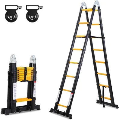 Zdjęcie produktu dla Aluminiowa drabina teleskopowa z podnośnikiem do użytku prywatnego i komercyjnego, nośność maks. 150 kg