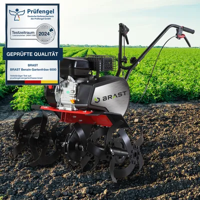 A BRAST petrol garden tiller is shown in a field with rows of green plants in the background.