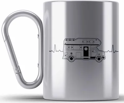 Produktbild von Trendation - Wohnwagen Camper Edelstahl Tasse Karabiner Geschenke Wohnmobil für Männer Campingwagen Geschenkidee Zubehör Camping Opa Oma Rentner Herzschlag Lustig (Silber)