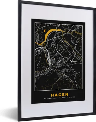 Produktbild von MuchoWow® Gerahmtes Poster Hagen - Deutschland - Karte - Gold - Stadtplan 30x40 cm - Poster mit Schwarzem Bilderrahmen Wandposter Rahmen Foto Bilder - Wandposter Schlafzimmer