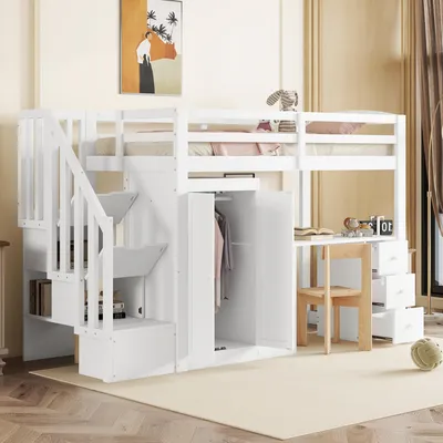 Immagine prodotto di Letto a soppalco per bambini, 90 x 200 cm, con scrivania, armadio, 3 cassetti, scaletta con spazio contenitore e rete a doghe, realizzato in legno di pino e MDF, colore bianco