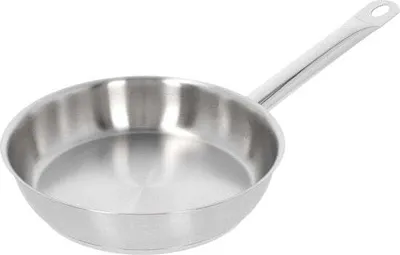 A stainless steel frying pan with a long handle is shown against a white background.