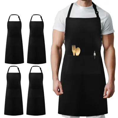 Obrázek produktu pro Sada 4 ks zástěr – kuchařská zástěra, bistro zástěra, zástěra s náprsenkou, zástěra s vázáním, unisexová zástěra pro gastronomii, nastavitelná, s kapsou, zástěra pro číšníky, zástěra na grilování, kuchyně, gastronomie, černá