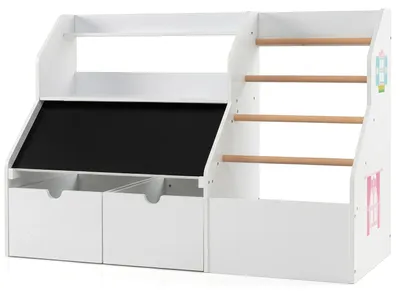 Image de Étagère 2 en 1 pour enfants de COSTWAY, en bois, avec armoire à jouets, tableau pliable et 5 tringles à vêtements, étagère à livres pour enfants à partir de 3 ans, dimensions : 104 x 40 x 70 cm