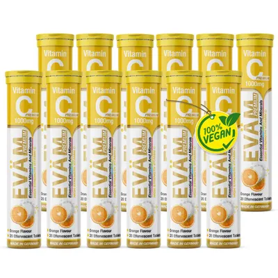 Produktbild von EVÄM Vitamin C 1000 mg Brausetabletten – Immunsystem, Hochdosiert 1250% NRV, Vegan und  Zuckerfrei,  Germany, Orangengeschmack, 12er Pack