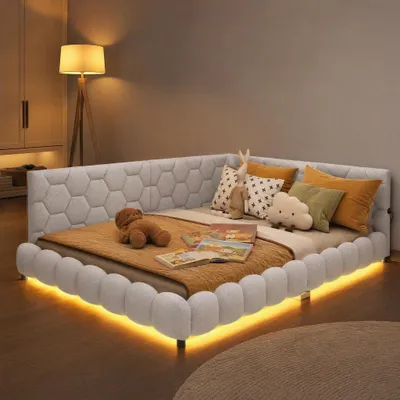 Produktbild von INONEFT Polsterbett 140x200cm mit LED- und USB-Schnittstelle,Schlafsofa Tagesbett mit lattenrost ,Kinderbett,Doppelbett jugendbett,Wolle, Beige