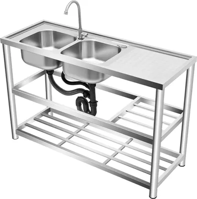Zdjęcie produktu dla Zlewozmywak kuchenny - Wolnostojący zlewozmywak gastronomiczny z 2 komorami - stal nierdzewna 304 - 3 półki - 120 x 45 x 80 cm - bez baterii - nośność 100 kg - kolor srebrny