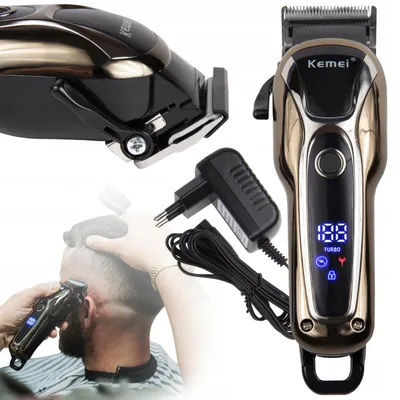 Obrázek produktu pro Bezdrátové zastřihávače vlasů Kemei KM-1990 Barber, napájení USB, 2000 mAh, 4 nástavce