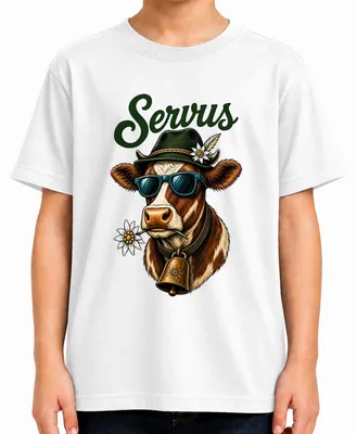 Zdjęcie produktu dla Okulary przeciwsłoneczne "Servus Kuh Edelweiss", koszulka w bawarskim stylu, spodnie skórzane dziecięce, koszulka T-shirt, biały, rozmiar 152