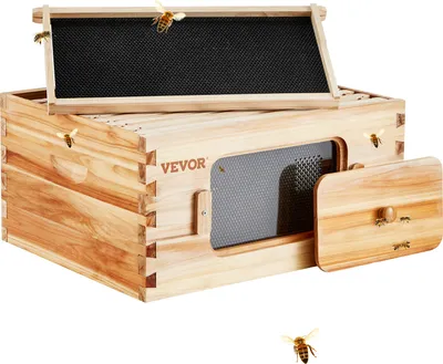 Produktbild von VEVOR Bienenstock-Starterset mit tiefer Box, 100 % mit Bienenwachs beschichtetes natürliches Zedernholz, Zander Beute mit 10 Rahmen und Fundamenten, transparente Bienenfenster aus Acryl
