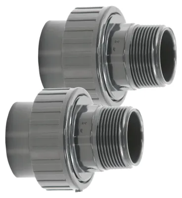 Produktbild von HAF 2x PVC Fittings Verschraubung mit 50mm x 2" | Klebemuffe x Außengewinde | Adapter aus grauem PVC | PN16 für PVC Rohr, Poolverrohrung & Teich