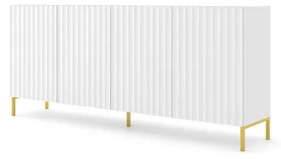 Productafbeelding van Kommode WAVE 4D, 200 cm, wit, mat. Dressoir met 4 deuren en gefreesde fronten, gemaakt van MDF. Hoge kast/buffet met poten in goudkleur