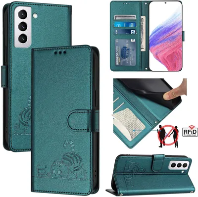 Produktbild von Leder Hülle für Samsung Galaxy S21+ 5G Süße Katze Flip Case Brieftasche Schutzhülle mit Standfunktion Grün