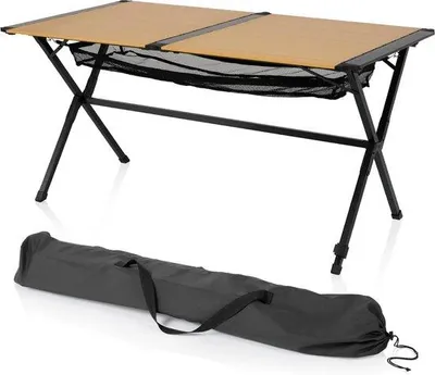 Image de Table de camping Famanu, effet bambou - 140 x 80 x 70 cm, pieds réglables en hauteur, résistante aux intempéries, sac de transport
