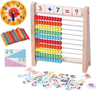 Produktbild von Holz-Zählrahmen für Kinder, Mathematik-Lernmaterial, Uhr für Jungen und Mädchen im Alter von 5, 6, 7 und 8 Jahren, geeignet für den Mathematikunterricht in der 1. und 2. Klasse, Zählrahmen mit 100 Zählstäbchen