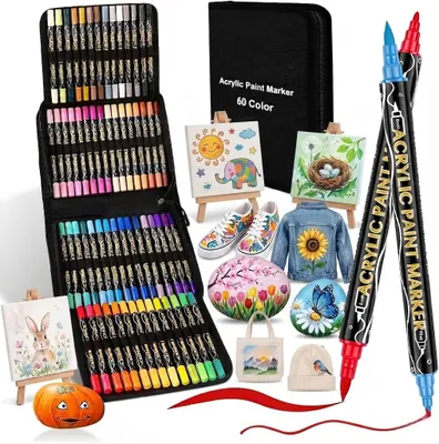 Acrylmarker-Set, 60 Stifte, Doppelspitze, wasserfest