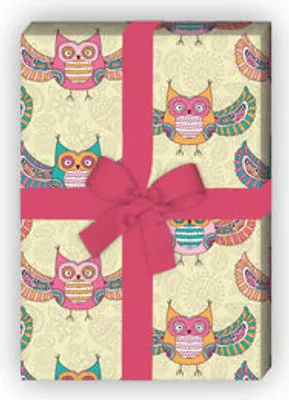 Produktbild von Indianisches Geschenkpapier mit Eulen in gelb - G6420, 32 x 48cm