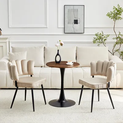 Image de Ensemble de salle à manger 3 pièces haut de gamme : table ronde de 60 cm de diamètre en MDF et 2 chaises en velours avec dossier en forme de pétales, ensemble de table de cuisine peu encombrant avec structure métallique