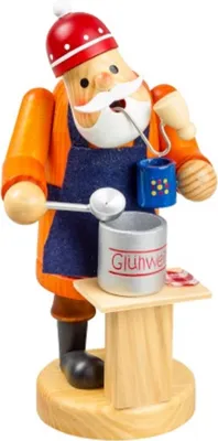 Räuchermännchen Glühweinverkäufer trägt orangefarbene Jacke, dunkelblaue Schürze und eine rote Mütze