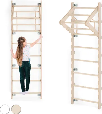 A young girl is shown climbing on a wooden wall-mounted gym.