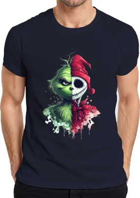 Produktbild von Grinch Jack Skellington Halbgesicht Weihnachten Grusel Halloween Herren T-Shirt, Navy, 3XL