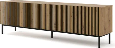 A long, modern TV cabinet with slatted wooden doors and black metal legs, shown against a white background.