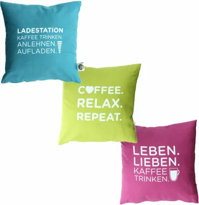 Produktbild von Nescafé Dolce Gusto Kissen, 3er Set, mit Schriftzug, Dekokissen, Polyester, Pink / Hellgrün / Türkis, ca. 40 x 40 cm