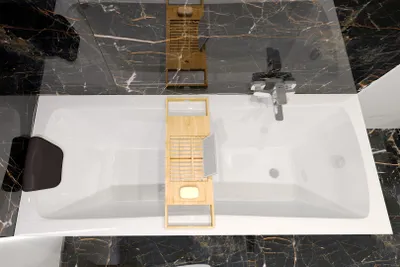 Produktbild von Badewanne Rechteck Set 5in1 170x70 mit Premium Ablaufgarnitur und Füßen GRATIS + Verkleidung (AcrylSchürze) + Bambus Holzablage | BADLAND OPTIMAZ