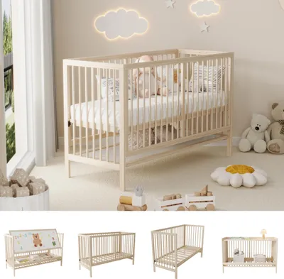 Produktbild von Sweiko Holz Babybett, multifunktionales Babybett, umwandelbar in Nebenbett / Malerbrettständer / Schreibtisch, höhenverstellbar, ohne Matratze, aus Fichte, naturfarben, 140x60x90cm