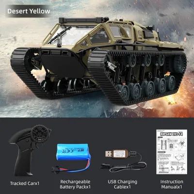 Produktbild von RC Panzer, ferngesteuerter Kampfpanzer - C8812 - Metallgehäuse - LED-Licht - Sechs Kanäle - Maße 26,5×13,5×11 cm - Reichweite 50 m - Fahrzeit 15 Min - Wüstengelb