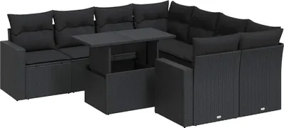 Produktbild von vidaXL 9-tlg. Garten-Sofagarnitur mit Kissen Schwarz Poly Rattan
