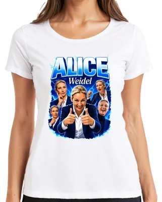 Immagine prodotto di Maglietta da donna, bianca, taglia S, con il logo del partito AfD (Alternativa per la Germania) e la scritta "Alice Weidel", con riferimenti alla politica patriottica tedesca e un tono sarcastico