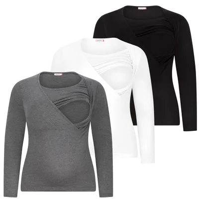 Produktbild von Umstandsshirt 3er Set Langarm – Umstandsmode Damen Schwangerschaft Stillzeit, 95 % Baumwolle, Schwarz Dunkelgrau Weiß, Gr. M
