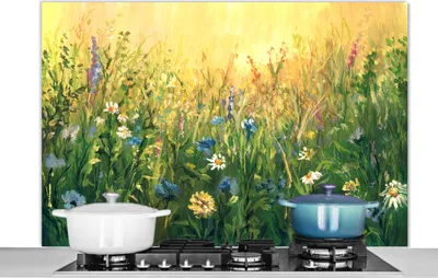 Obrázek produktu pro KitchenYeah® Splashback kitchen - Kuchyňský splashback - Ochrana stěny sporáku a dřezu - Květiny - Akvarel - Slunce 120x80 - Alu-Dibond (alternativa ke skleněnému splashbacku) - Tepelně odolný - Splashbacky na sporák