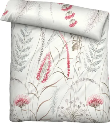 A flat lay of a duvet cover and pillowcase with a floral and grass-like pattern.