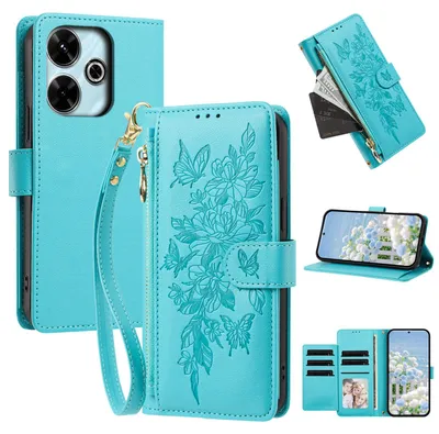 Image de Étui pour Xiaomi Poco M6 5G/C65/Redmi 13C, étui en cuirPolyuréthanede type portefeuille avec compartiments, support pour cartes et dragonne, couleur bleue