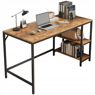 A vintage-style computer desk with shelves, shown against a white background.