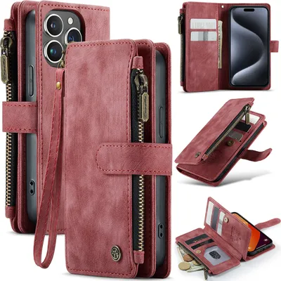 A collage of images showcasing a red leather wallet-style phone case for an iPhone 15 Pro Max, with various angles and open views revealing card slots and a zippered compartment.