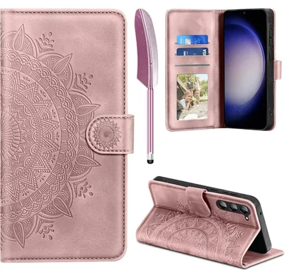 Obrázok produktu pre Kožené puzdro pre Samsung Galaxy S23 5G Flip, s priehradkami na karty, magnetom, funkciou stojanu a reliéfnym vzorom, farba: ružová