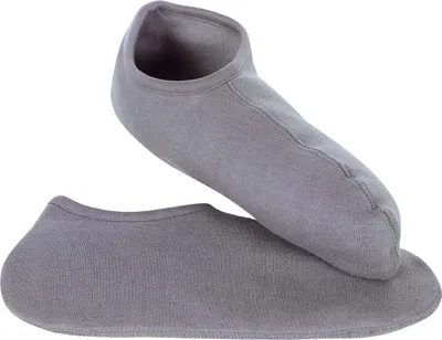 A pair of gray no-show socks are shown against a white background.