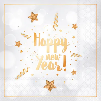 Produktbild von 20 Servietten New Year Glitter white - Happy New Year gold auf weiß 33x33cm