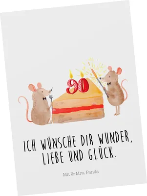 Produktbild von Mr. & Mrs. Panda Postkarte 90. Geburtstag Mäuse Kuchen - Weiß - Geschenk, Postkarten, Herzlichen Glückwunsch, einzelkarte, bildkarte, Happy Birthday, Kuchenliebe