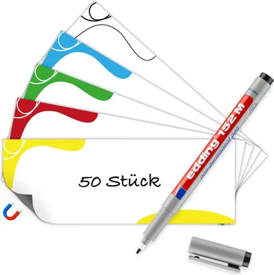 Produktbild von 50 Magnetstreifen beschreibbar 110x40 mm, 10 Stück je Farbe inkl. Stift – Ideal für Metallregale & Lagersysteme und als Whiteboard Zubehör. Beschreibbare Magnete in 5 Farben