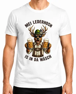Obrázok produktu pre Mei Lederhosn – pánske tričko s motívom pivárne Hirsch, štýl tradičného nemeckého odevu "Lederhosen", biela farba, veľkosť M