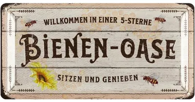 Produktbild von LANOLU Retro Blechschild BIENEN-OASE Schild, Blechschilder Garten mit Sprüchen, nostalgische Dekoration als Gärtner Geschenke 16x32cm