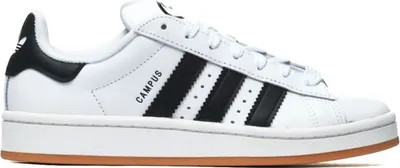 A side view of a white Adidas Campus sneaker with black stripes and accents.