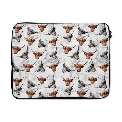 Produktbild von MuchoWow® Laptop Hülle 17 Zoll Laptoptasche Schottischer Highlander - Marmor - Tiere - Zipper - Schutzabdeckung